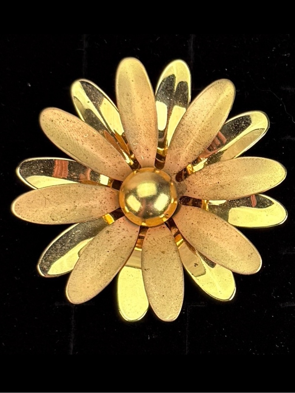 Vintage aged gold toe, 3-D flower brooch pin